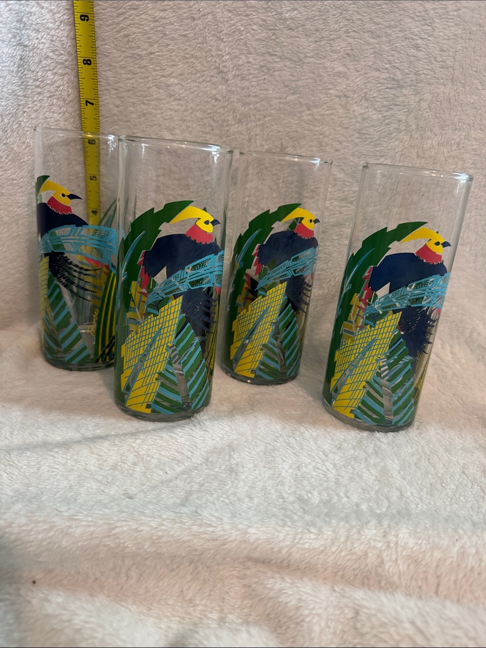 Vintage Panache Highball Glasses Set of 4 Tropical Birds Toucan 1980s Retro